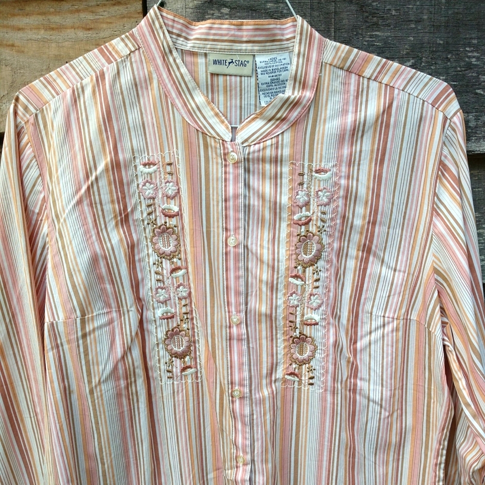 White Stag Women's Blouse Button & Embroidered Front Stripes Multi Colors LS -XL